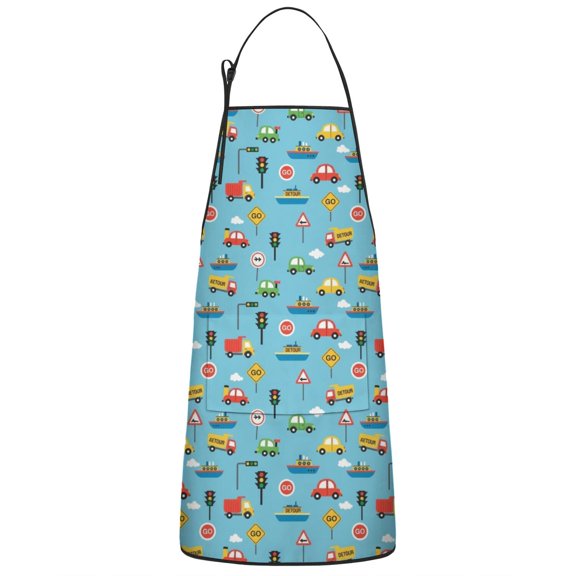 Cartoon Traffic Vehicles Boats Light Blue Apron-Garden Aprons for Women with Pockets-Cotton Linen Waterproof Kitchen Cooking Gardening Aprons Adjustable for Kitchen,Cooking,BBQ and Salon 33x27 Inch
