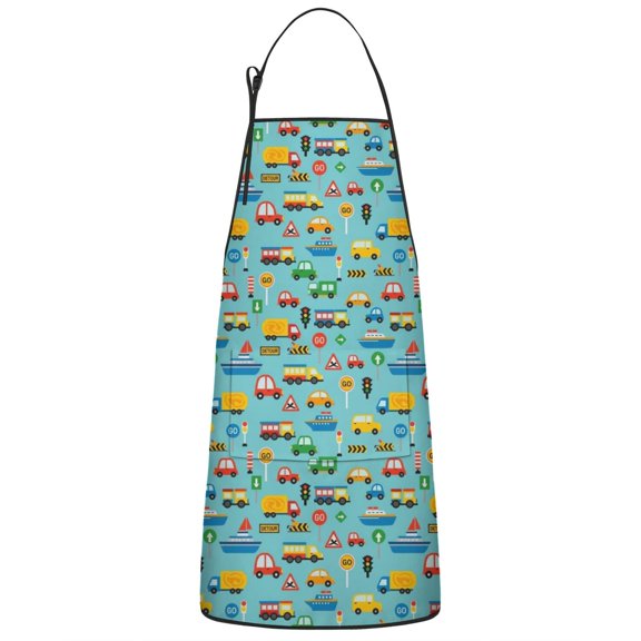 Cartoon Traffic Vehicles Boats Light Blue Apron-Garden Aprons for Women with Pockets-Cotton Linen Waterproof Kitchen Cooking Gardening Aprons Adjustable for Kitchen,Cooking,BBQ and Salon 33x27 Inch