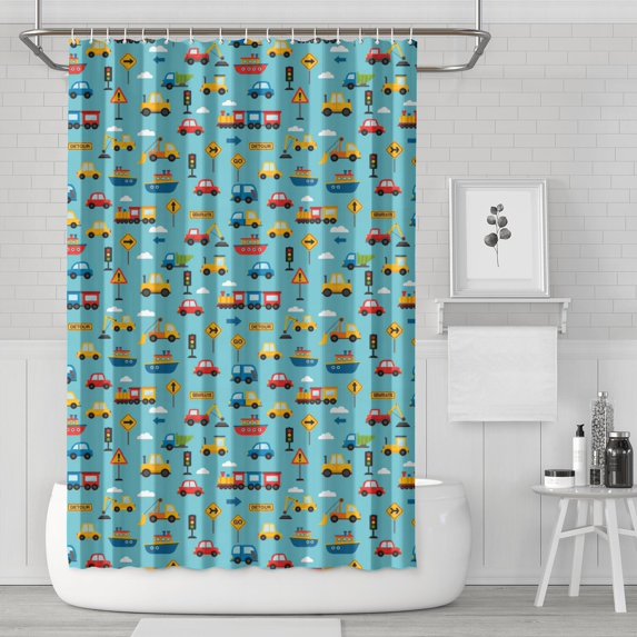 Cartoon Traffic Vehicles Boats Light Blue Pattern Shower Curtain 72"x72" ,Bathroom Decorative Shower Curtains Set with 12 Hooks,Modern Waterproof Washable Shower Curtain