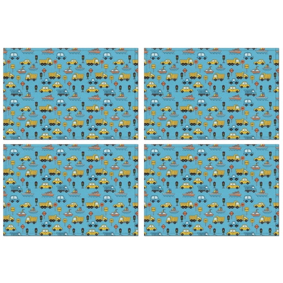Cartoon Traffic Vehicles Boats Light Blue Pattern Summer Placemats Table Placemats Set Of 4-Linen Kitchen Washable Placemats Table Mats 11.8"x17.7" Non-Slip Heat Resistant