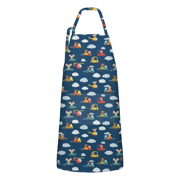 Cartoon Traffic Vehicles Clouds Dark Blue Apron-Garden Aprons for Women with Pockets-Cotton Linen Waterproof Kitchen Cooking Gardening Aprons Adjustable for Kitchen,Cooking,BBQ and Salon 33x27 Inch