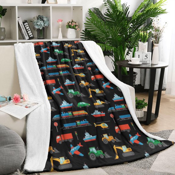 Cartoon Traffic Vehicles Planes Black Pattern Blanket,Comfortable Soft Lamb Wool Throw Blanket,All Season,Warm Lightweight Blankets for Sofa Bed Couch Living Room Chair,50"x60"