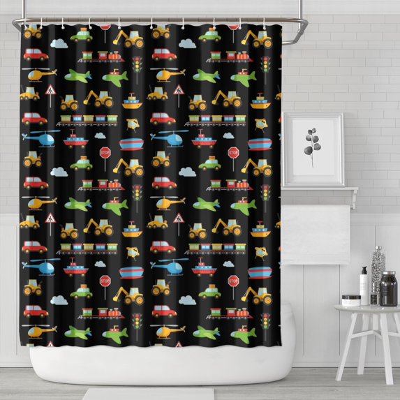 Cartoon Traffic Vehicles Signs Black Pattern Shower Curtain 84"x72" ,Bathroom Decorative Shower Curtains Set with 12 Hooks,Modern Waterproof Washable Shower Curtain