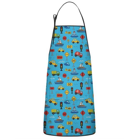 Cartoon Traffic Vehicles Signs Blue Pattern Apron-Garden Aprons for Women with Pockets-Cotton Linen Waterproof Kitchen Cooking Gardening Aprons Adjustable for Kitchen,Cooking,BBQ and Salon 33x27 Inch