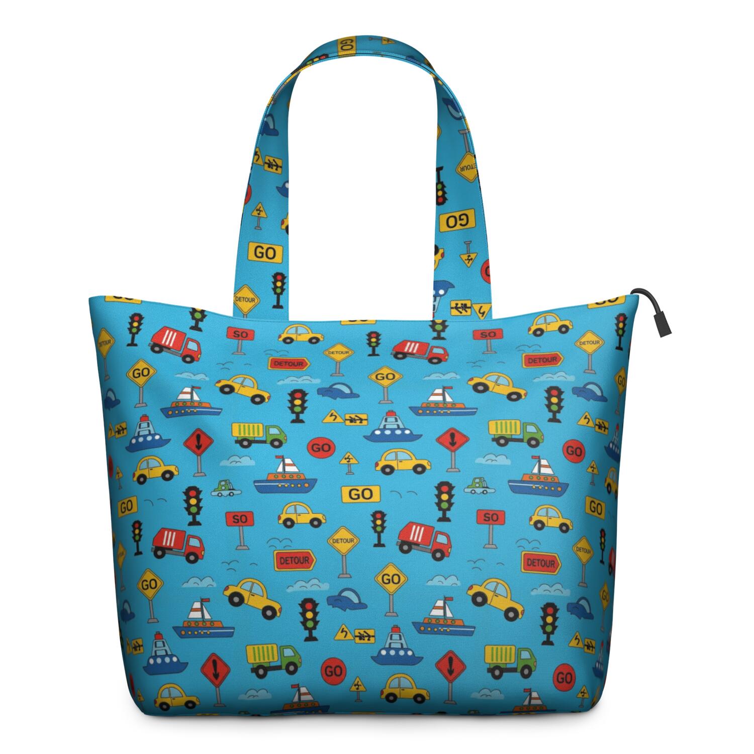 Cartoon Traffic Vehicles Signs Blue Pattern Travel Tote Bags for Women Carry On,Large Weekender Bags for Women Travel,Multi Functional Duffle Bag for Work,Shopping,Sports