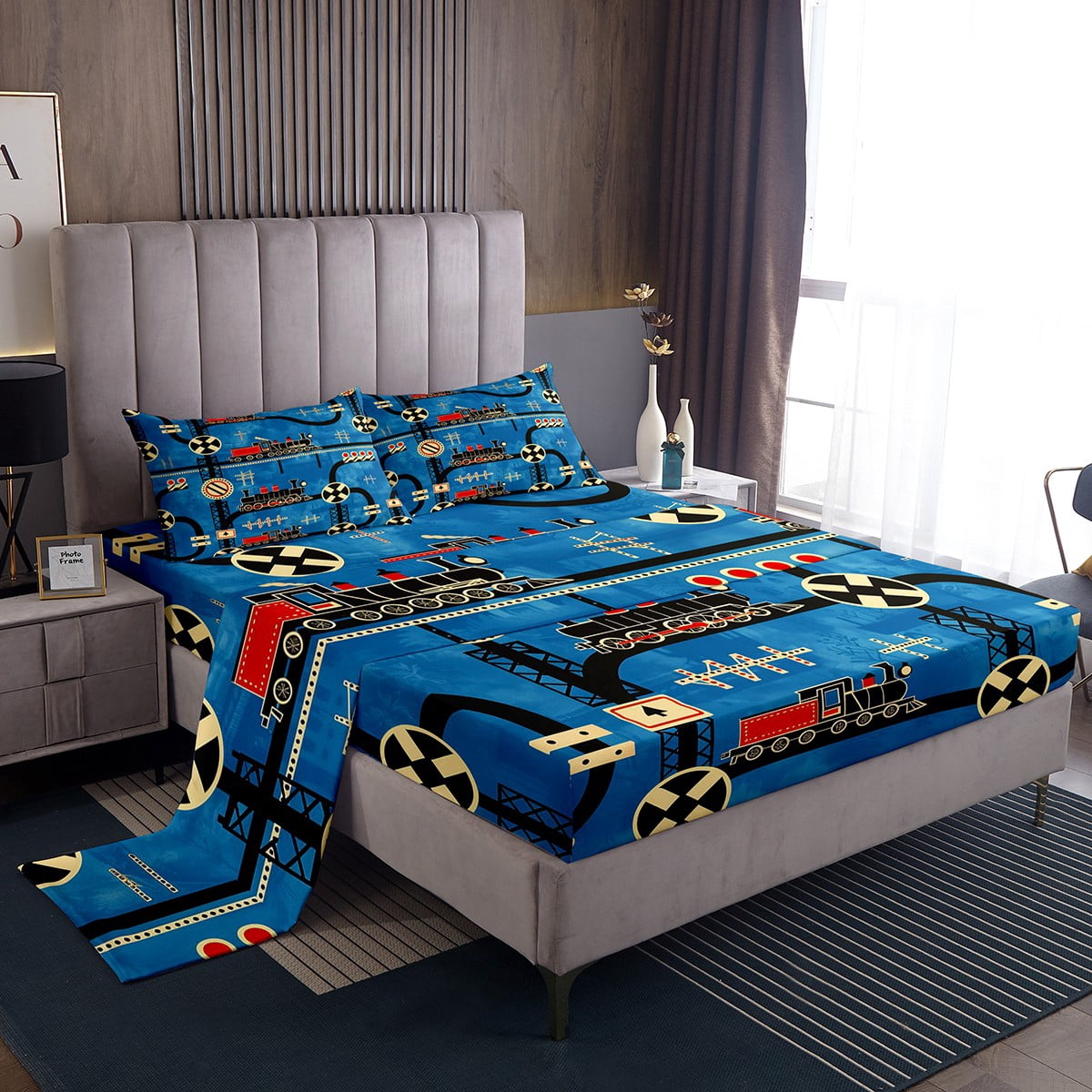 Dust Ruffle Train Train Sheets Full Train Themed Bed Skirt Full Size - Retro Steam Engine ...