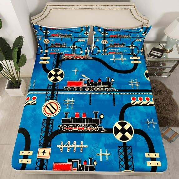 Cartoon Train Bedding Sets Queen Vintage Steam Engine Bed Sheets,Travel Railway Track Transportation Fitted Sheet Construction Traffic Signs Retro Car Decor Sheets
