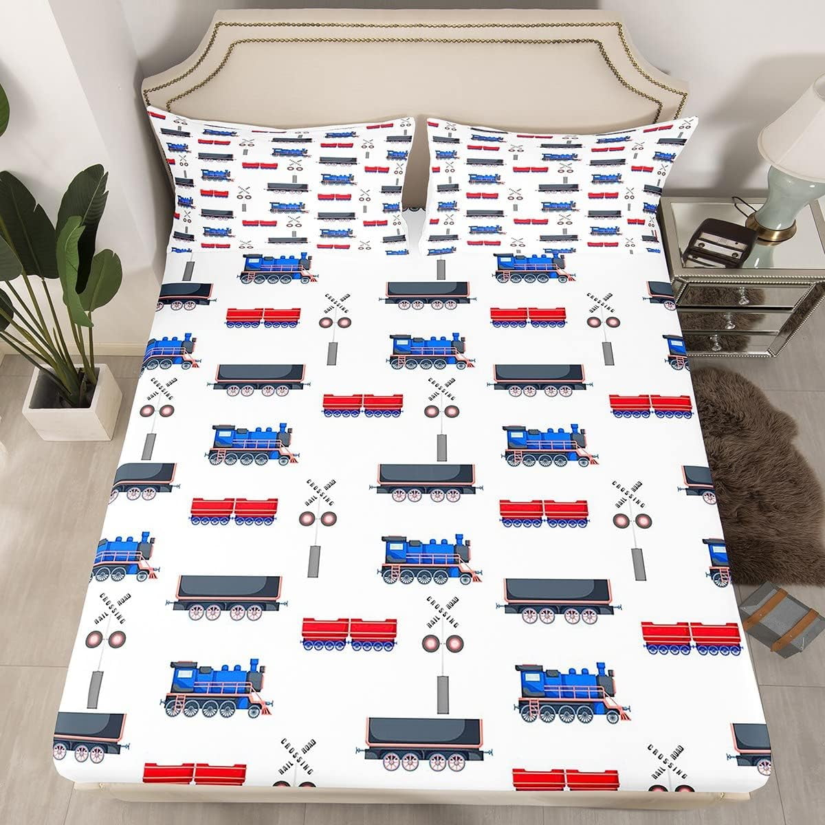 Cartoon Train Bedding Sets Red Blue Train Fitted Sheet for Boys Child,Kids Vehicles Bed Sheets