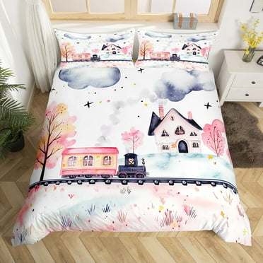 Cartoon Train Comforter Cover Watercolor Cloud Bedding Set Country Cabin Duvet Cover Room Decor,Rustic Pink Trees Stars Bedspread Cover(No Comforter)