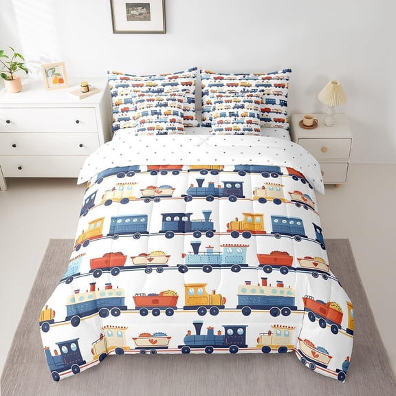 Cartoon Train Comforter Set Full Size, Transport Vehicles Bedding Set for Kids Teens, Vintage Train Tracks (Comforter+Fitted+Flat Sheet+2 Pillowcases+2 Throw Pillow Covers) 7 Pieces