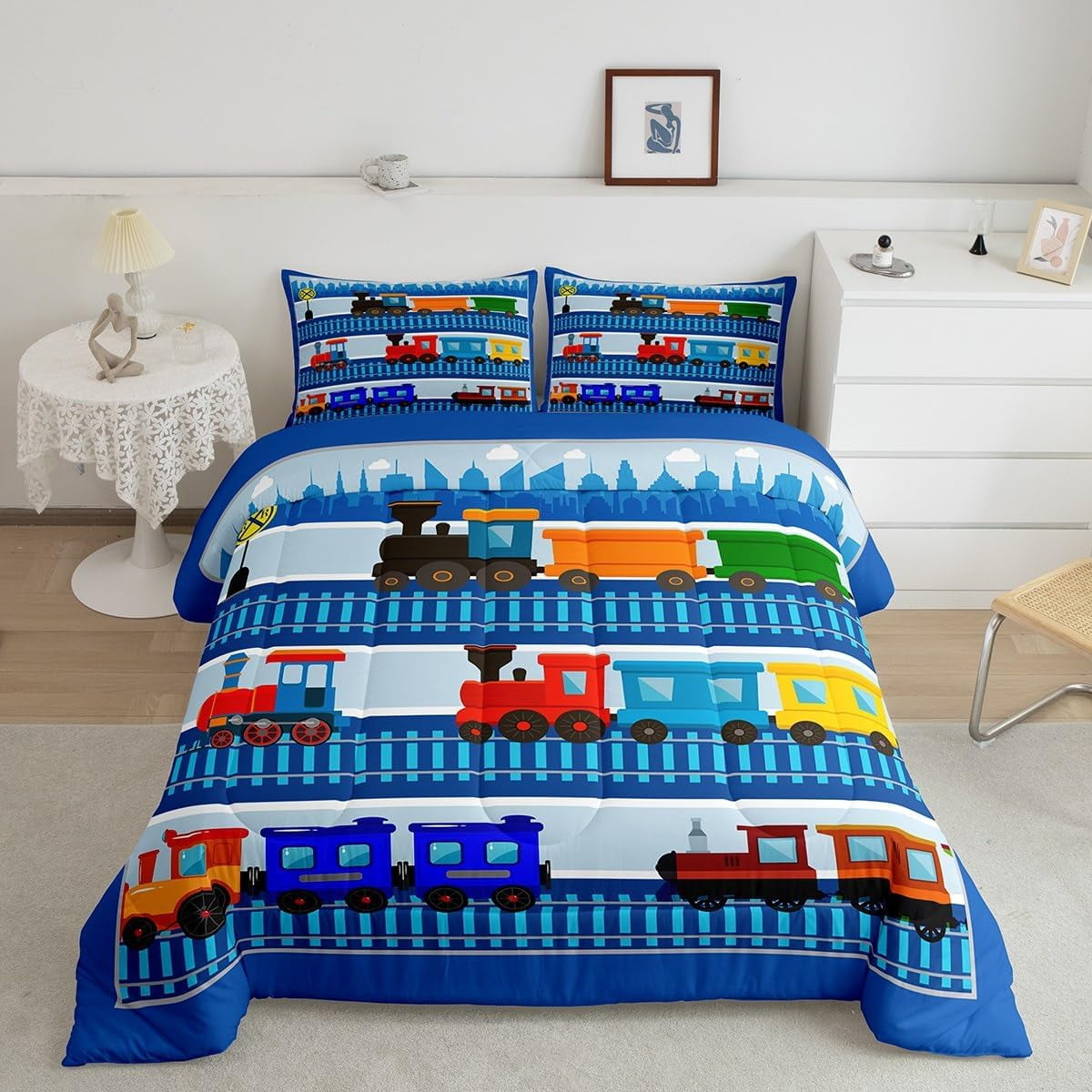 Cartoon Train Comforter Set Toddler Size for Kids Boys,City Road Train Tracks Quilt Set Colorful ...