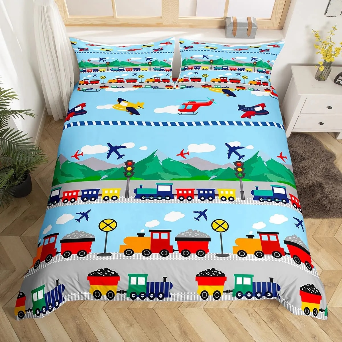 Cartoon Train Duvet Cover Set Equipment Trucks Bedding Set Construction