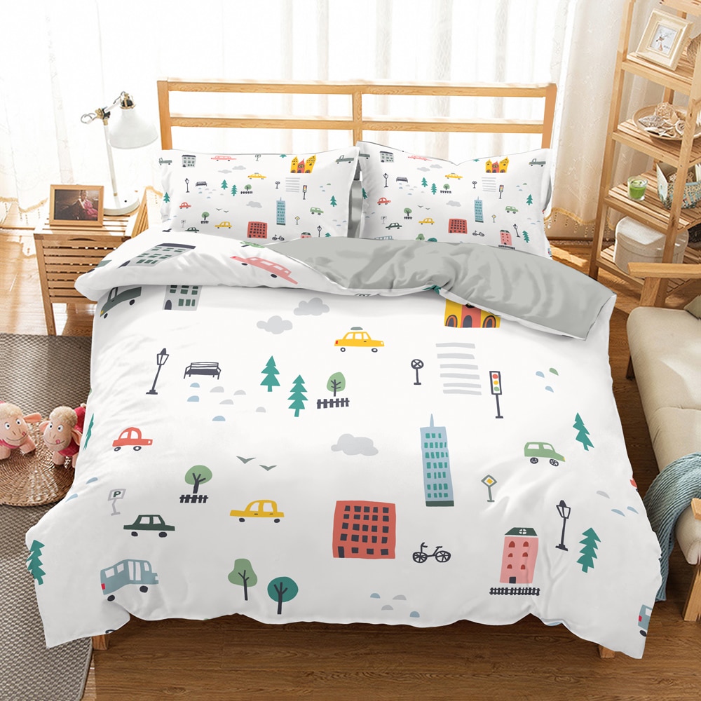 Cartoon Train Duvet Cover Set Equipment Trucks Bedding Set Construction