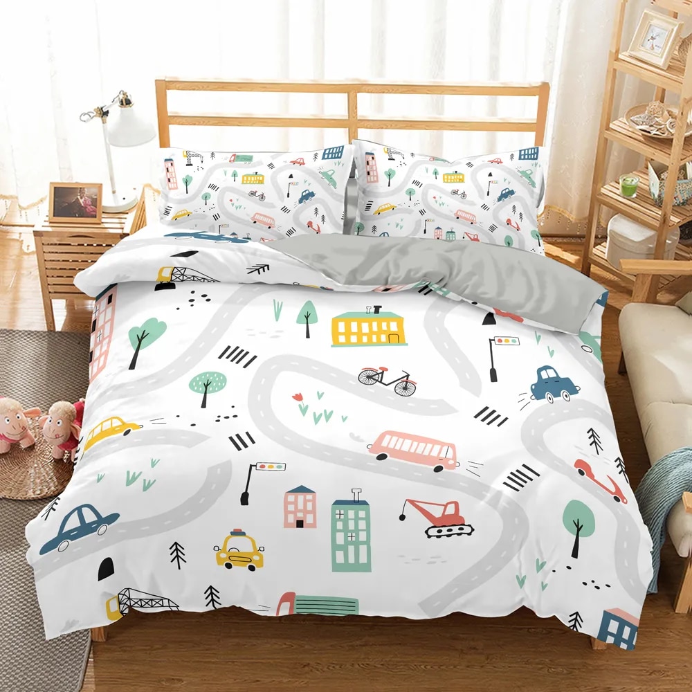 Cartoon Train Duvet Cover Set Equipment Trucks Bedding Set Construction