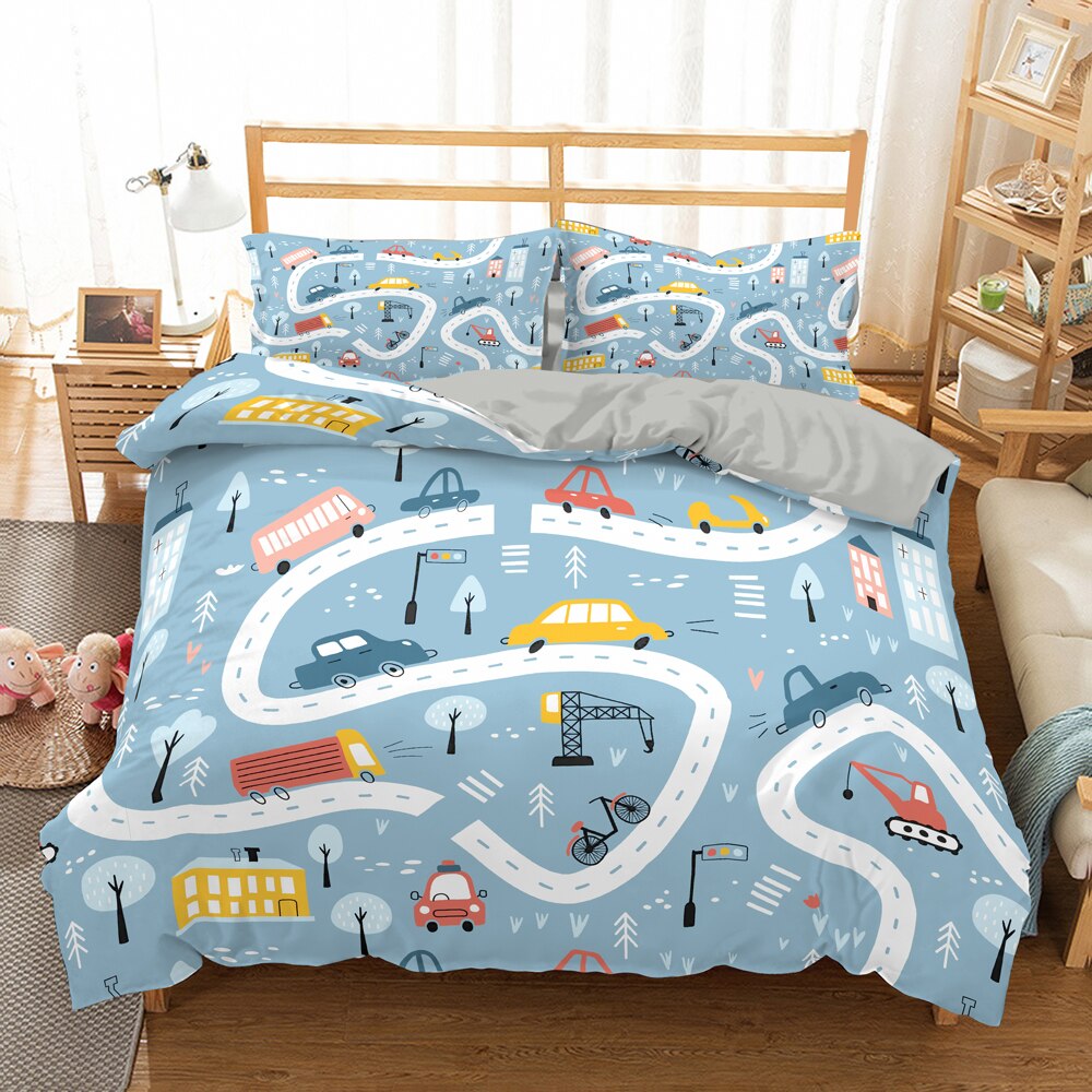 Cartoon Train Duvet Cover Set Equipment Trucks Bedding Set Construction