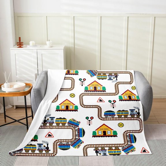 Cartoon Train Flannel Fleece Throw Blanket Retro Steam Engine Railway Vehicles Fleece Throw Blanket for Kids Women Men Transportation Truck for Bed Couch Chair Living Room 30" x 40"