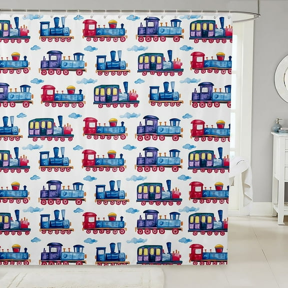 Cartoon Train Shower Curtains,Steam Locomotive Engine Train Bathroom Curtains ,Colorful Transport Carriage Blue Purple Waterproof Curtains,12 Hooks Suits,72"W x 72"L