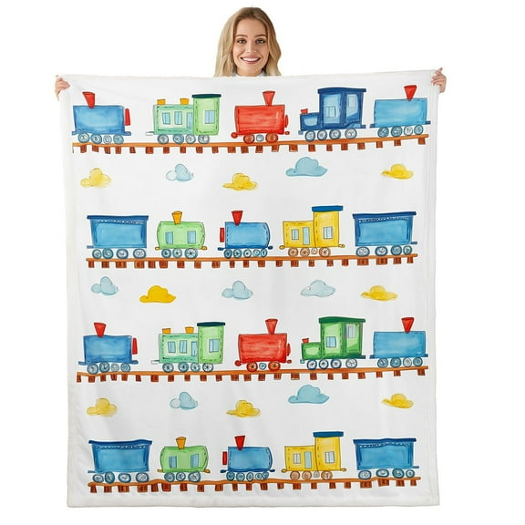 Cartoon Train Throw Blanket,Steam Locomotive Train Bed Blanket ,Railway Transportation Vehicle Fleece Blanket,Blue White Fuzzy Blanket,Twin Size (60 x 80 Inches)