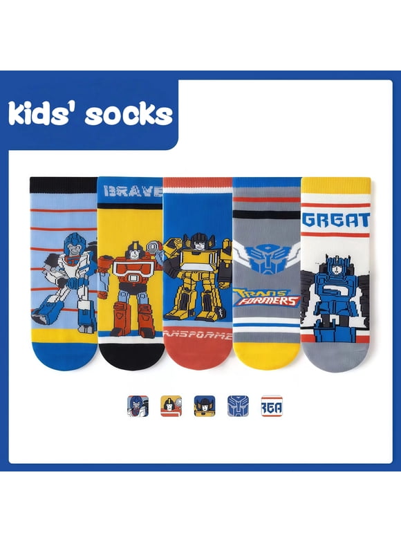 Cartoon Transformers Crew Socks – 5‑Pack Colorful Cartoon Transformers Cool Autobots Designs Soft Cotton Blend Thickened for Winter for 9-12 Years Kids Fun Gift