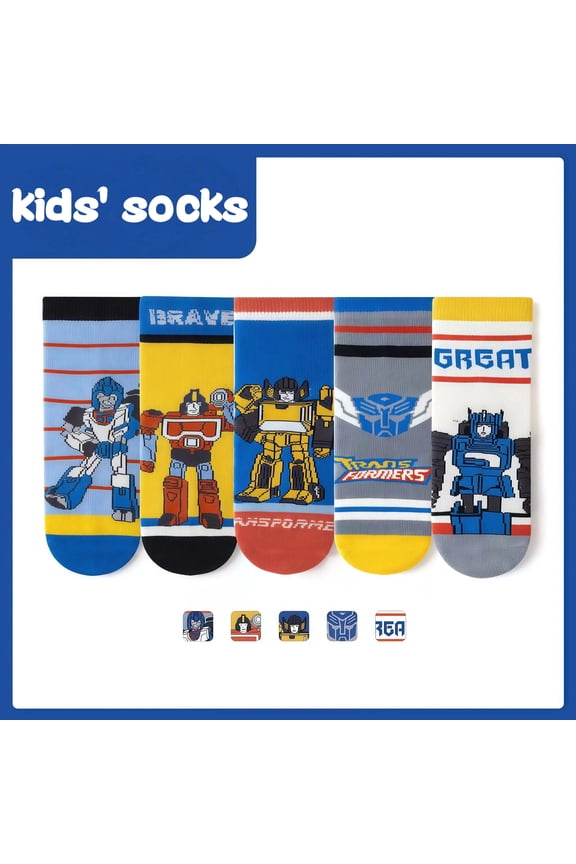 Cartoon Transformers Crew Socks 5Pack Colorful Cartoon Transformers Cool Autobots Designs Soft Cotton Blend Thickened for Winter for 9-12 Years Kids Fun Gift