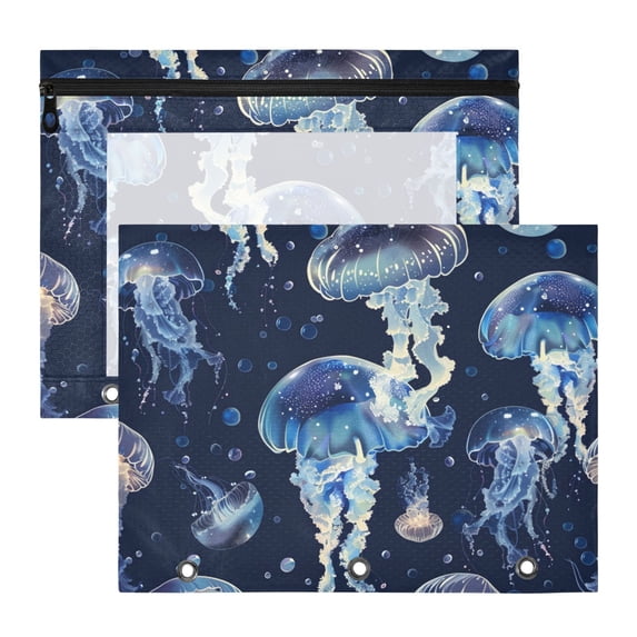 Cartoon Transparent Jellyfish 3-Ring Binder Pouches A4 Size Zipper Pocket File Storage 2 Packs