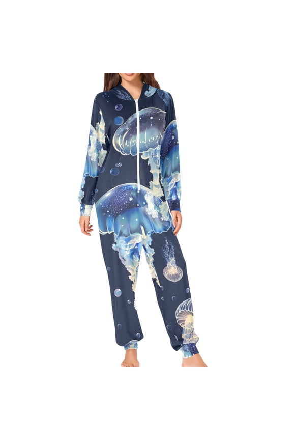 Cartoon Transparent Jellyfish Adult's Hoodie Onesie Jumpsuit One-Piece Pajamas with Zipper Unisex for Holiday M