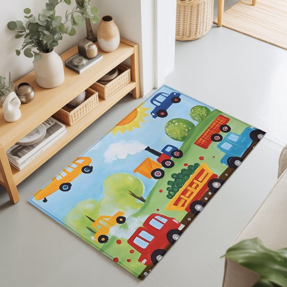 Cartoon Transportation 2'x3' Rug for Entryway Front Door Kitchen Sink Area, Helicopter Car Train Truck Sun Low Pile Washable Non Slip Rectangle Area Rug