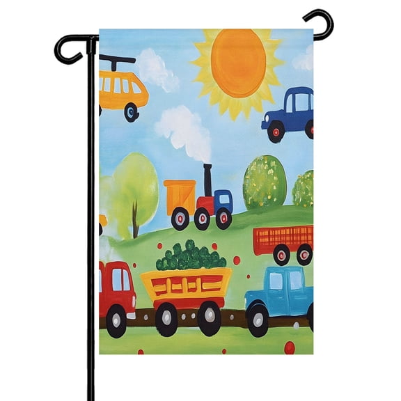 Cartoon Transportation Garden Flag 12x18 Inch Helicopter Car Train Truck Sun Double Sided Small Decorative Garden Flags for Outside, Outdoor Yard Porch Lawn Decoration