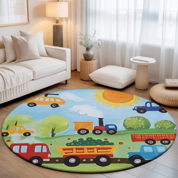 Cartoon Transportation Round Rug 6Ft Helicopter Car Train Truck Sun Circle Area Rugs Washable Non Slip Indoor Floor Mats Carpet for Living Room Bedroom Dining Room Home Decor