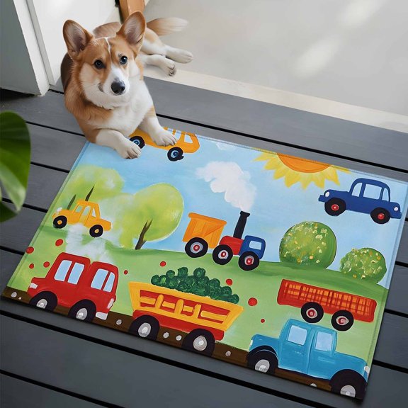 Cartoon Transportation Small Area Rugs 2x3 Helicopter Car Train Truck Sun Entryway Rugs Washable Door Mat, Low-Profile Area Rugs Non Slip Floor Carpet for Living Room Bedroom Home Office