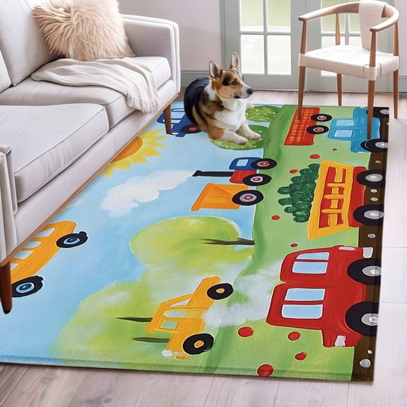Cartoon Transportation Washable Area Rug 3x5 Helicopter Car Train Truck Sun Low-Profile Large Area Rugs with Non Slip Backing Indoor Floor Carpet for Entrance Living Room Bedroom Home Office
