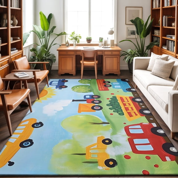 Cartoon Transportation Washable Area Rug 9 x 12 ft Helicopter Car Train Truck Sun, Soft Non Slip Rugs Stain Repellent Indoor Felt Carpet for Living Dining Room Bedroom Home Office