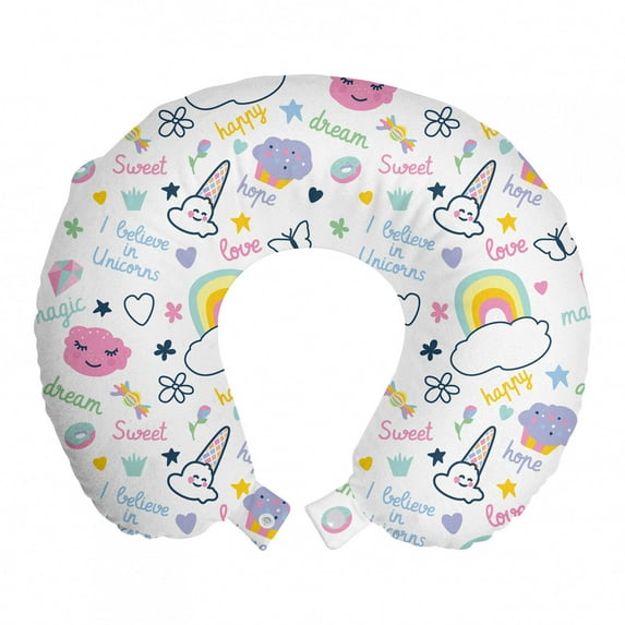 Cartoon Travel Pillow Neck Rest, Rainbow Clouds I Believe in Unicorns Love Hope Happy Cupcake Ice Cream Magic Kids, Memory Foam Traveling Accessory Airplane and Car, 12", Multicolor, by Ambesonne