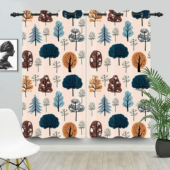 Cartoon Tree Print Blackout Curtains, Forest Trees Window Drapes For Kids Room Cute Woodland Window Curtain Panels For Bedroom, Grommet Top 53"W x 84"L (Pack of 2)