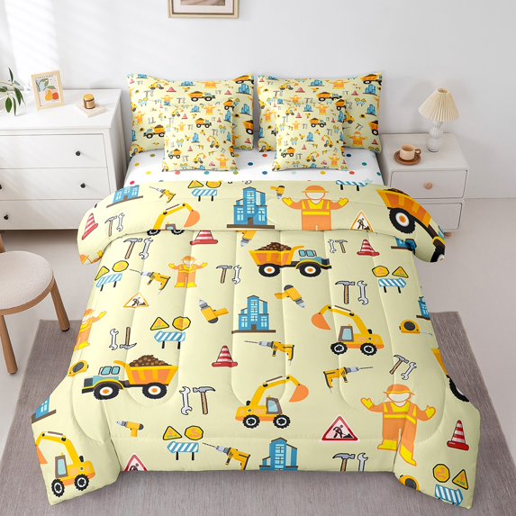 Cartoon Truck Bedding Full Size 7Pcs,Cute Excavator Tools Printed Microfiber Bed in a Bag Comforter Set,Roadblocks Bedding Comforter Sets,Red Yellow Workers Bed Sheets Set