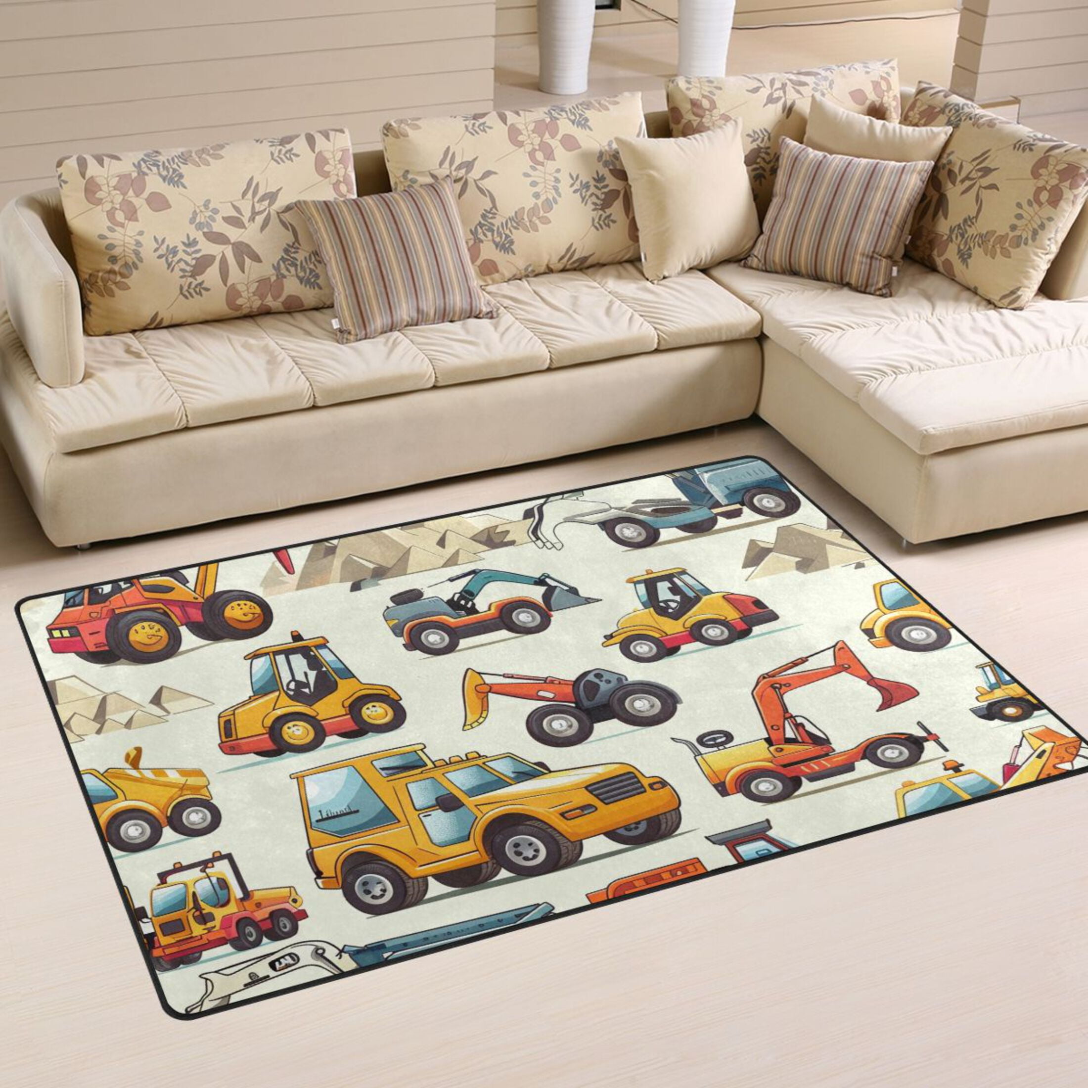 Cartoon Truck Engineering Excavator Bulldozer Area Floor Mats NonSlip