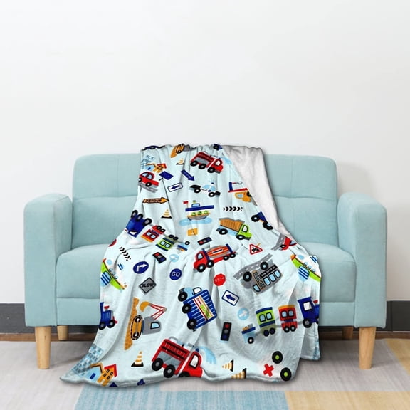 Cartoon Truck Flannel Fleece Blanket, Soft Microfiber Cozy Lightweight Sofa Travel Blanket for Baby, Kids, Youth (50"x40" for Kids)