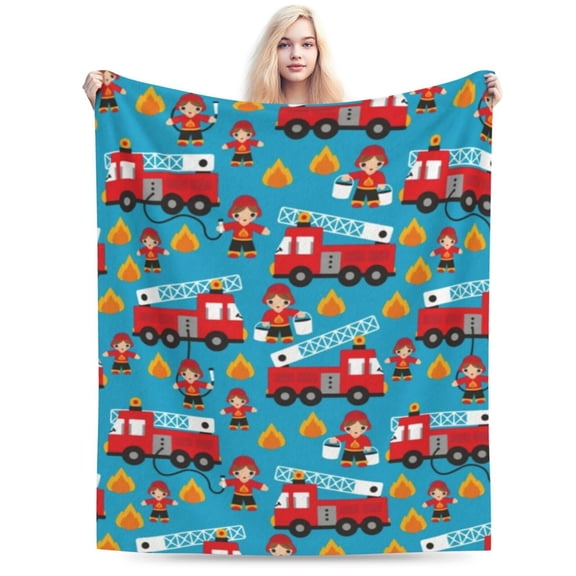 Cartoon Truck Fleece Throw Blanket Sets , Cartoon Fireman Fire Truck Travel Blankets 50x40