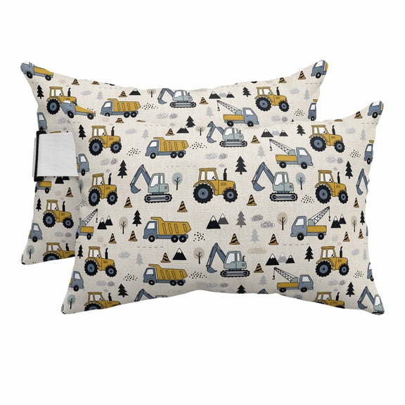 Cartoon Truck Outdoor Pillows for Chaise Lounge Chair Beach Headrest Pillow Set of 2 Waterproof Lumbar Pillows with Insert&Strap Cute Yellow Grey Excavator Bulldozer Pine Tree Pool Pillow 12"x20"