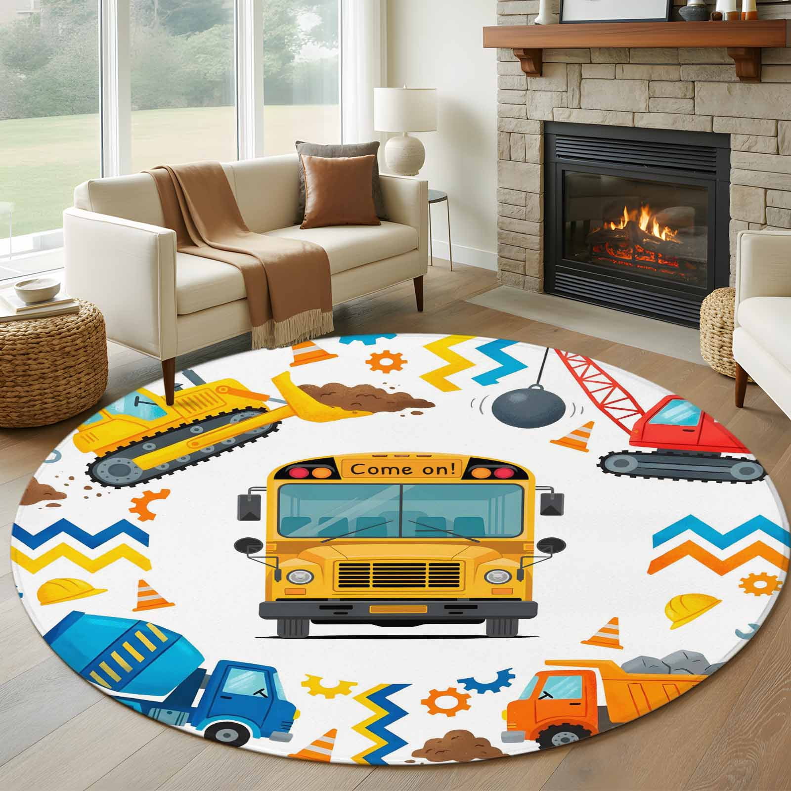 Cartoon Truck Round Area Rug 8Ft Washable Large Circle Rugs for Living ...