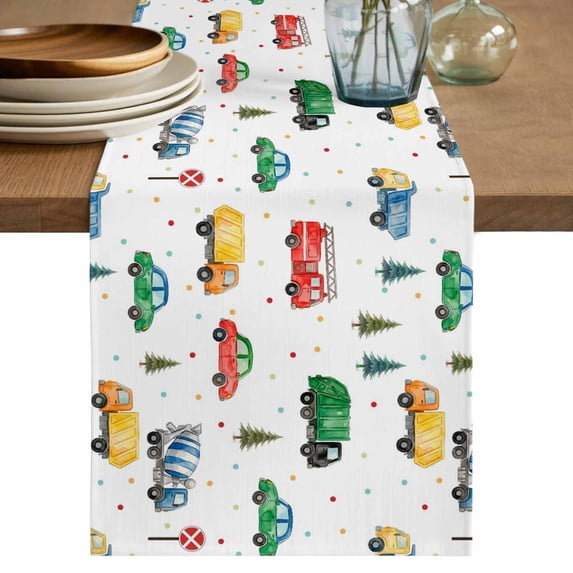 Cartoon Truck Table Runner 108 Inches, Funny Cute Colorful Car Tree Polka Dot Bed Runner Dresser Scarves Tabletop for Indoor Outdoor Parties/Ceremony/Banquet, 13"x 108"