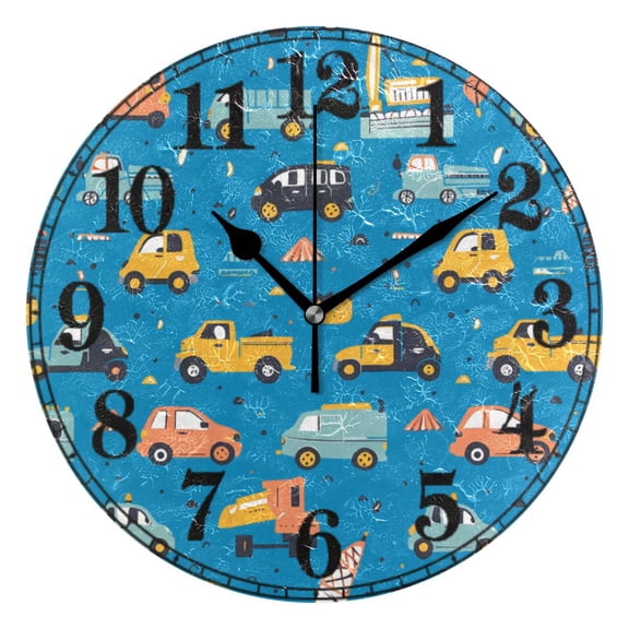 Cartoon Trucks Cars on Blue Silent Wall Clock 10" Non-Ticking Battery Clock