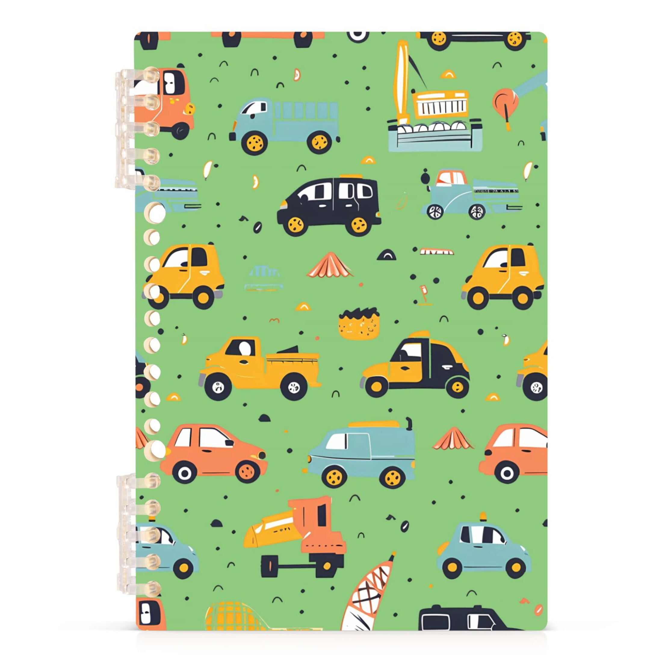 Cartoon Trucks Cars on Green Spiral Journal Notebook College Ruled ...