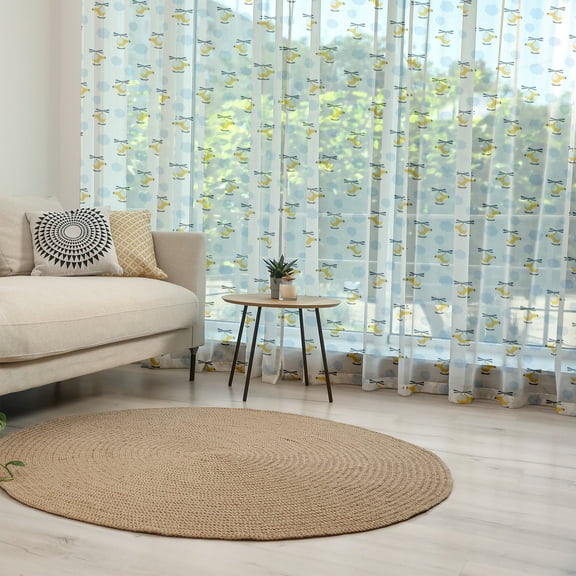 Cartoon Tulle Curtains with Rod Pocket, Aircraft in Clouds Boys Girls hower Playroom Design, Sheer Drape for Wedding Party 2 Panels, 7 Sizes, Yellow Blue, by Ambesonne