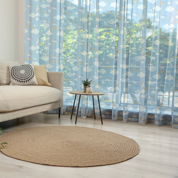 Cartoon Tulle Curtains with Rod Pocket, Mythical Creatures Walking and Jumping Clouds with Rainbows Unicorn, Sheer Drape for Wedding Party 2 Panels, 7 Sizes, Sky Blue Multicolor, by Ambesonne