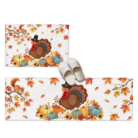 Cartoon Turkey 2 Pieces Non-Slip Kitchen Mat Set, Rustic Orange Green Pumpink Maple Tree Rustic Soft Door Mat with Rubber Backing, Dirtproof Rugs for Entrance Doorway, 23.6x35.4in+23.6x70.9in