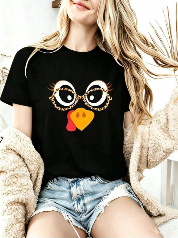 Cartoon Turkey Face With Leopard Glasses, Round Neck Women's T‑Shirt, Thanksgiving Party Festival
