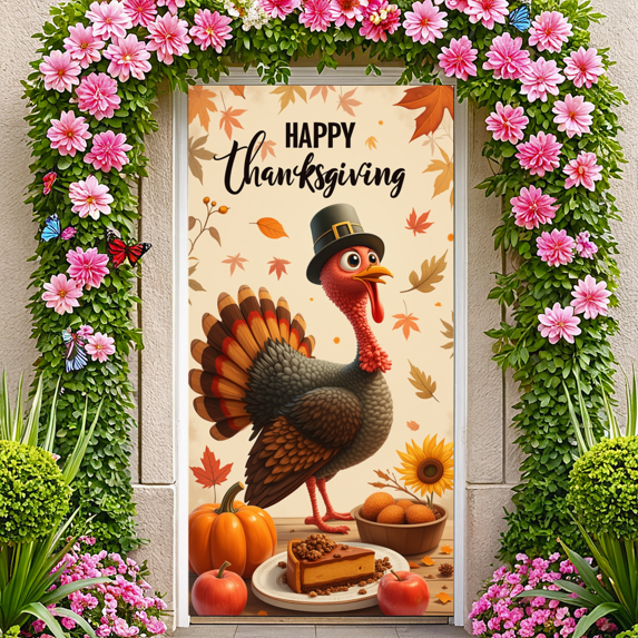 Cartoon Turkey Fall Leaves Thanksgiving Banner Autumn Theme Pilgrim Hat for Holiday Celebration Indoor Outdoor Decoration