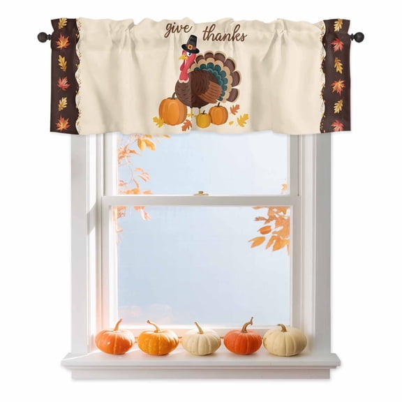 Cartoon Turkey Fall Thanksgiving Pumpkin Curtain Valances for Kitchen Windows,Short Valance Rural Orange Maple Leaves Small Window Treatment for Living Room Bathroom Bedroom,54" x 18"-1 Panel