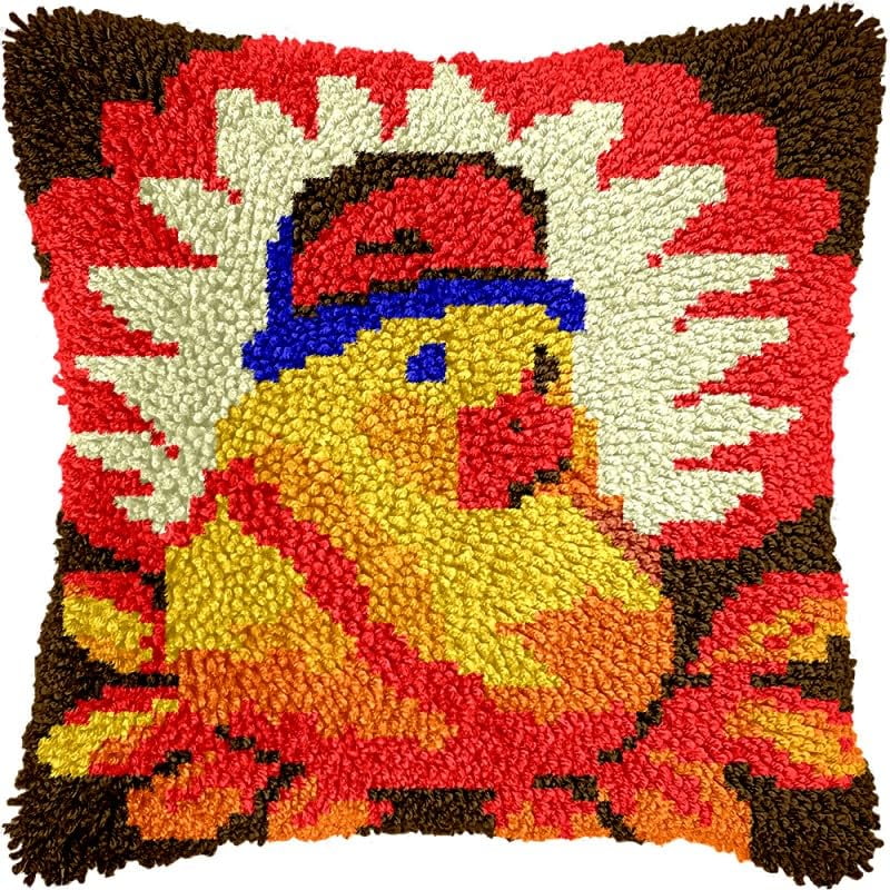 Cartoon Turkey Latch Hook Pillow Kits Pillow Cover with Pattern Printed Canvas Sofa Hooking Pillowcase Cushion Crafts Embroidery Latch Hooking Crochet Starter Kits 17x17 inch(1)
